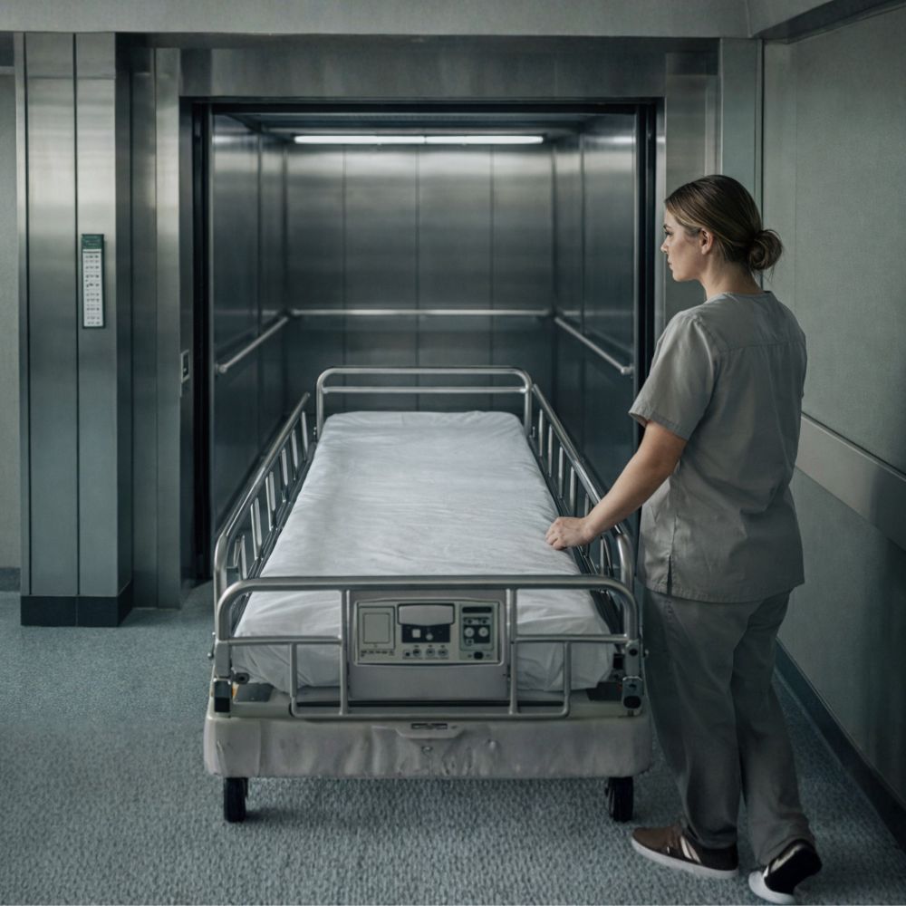 Hospital bed elevator with patient transport stretcher and nurse