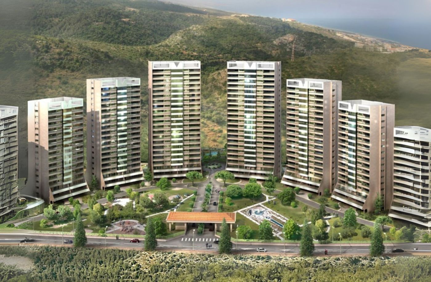 High-rise residential towers with landscaped gardens and amenities
