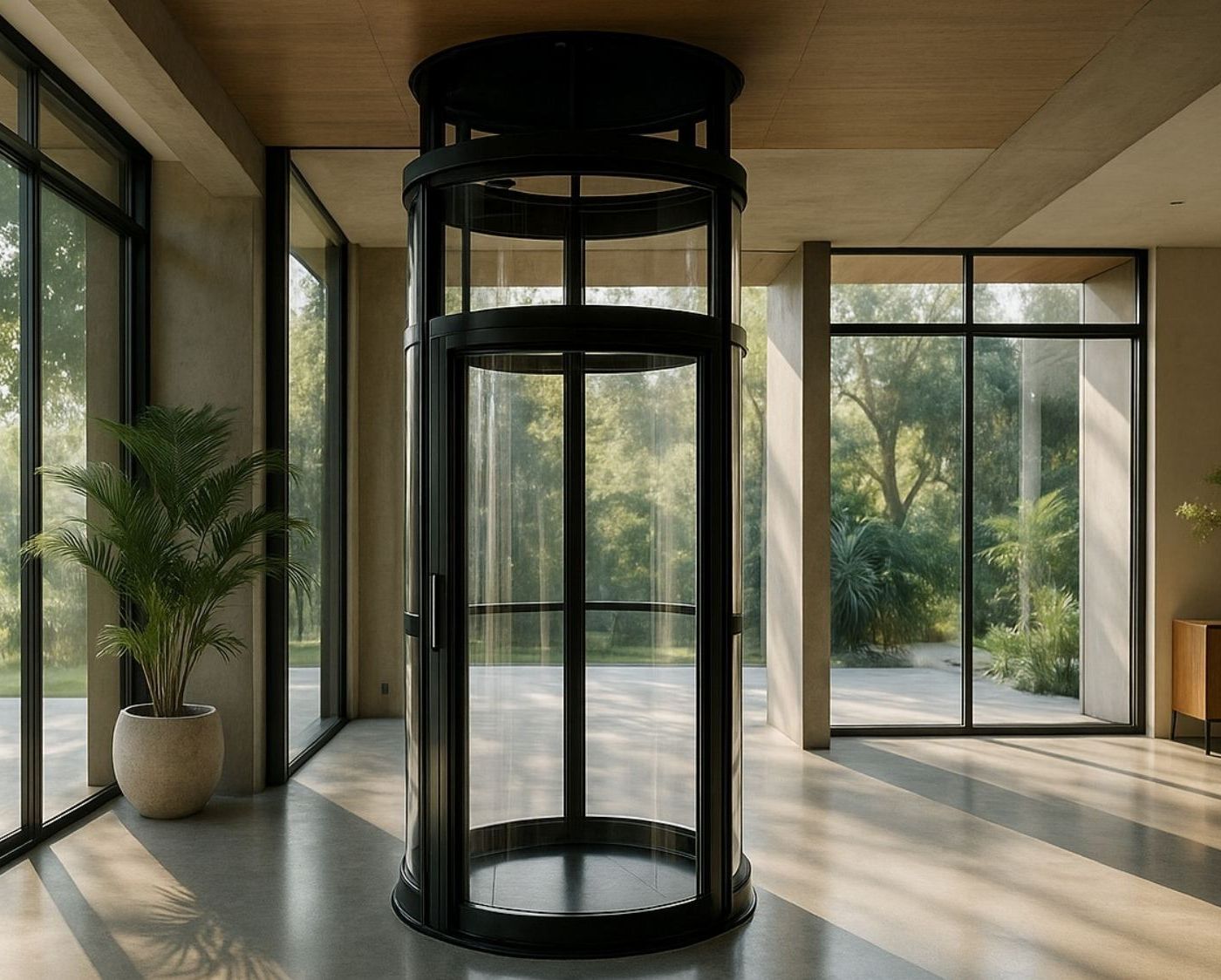 Luxury residential home lift with glass enclosure and modern design