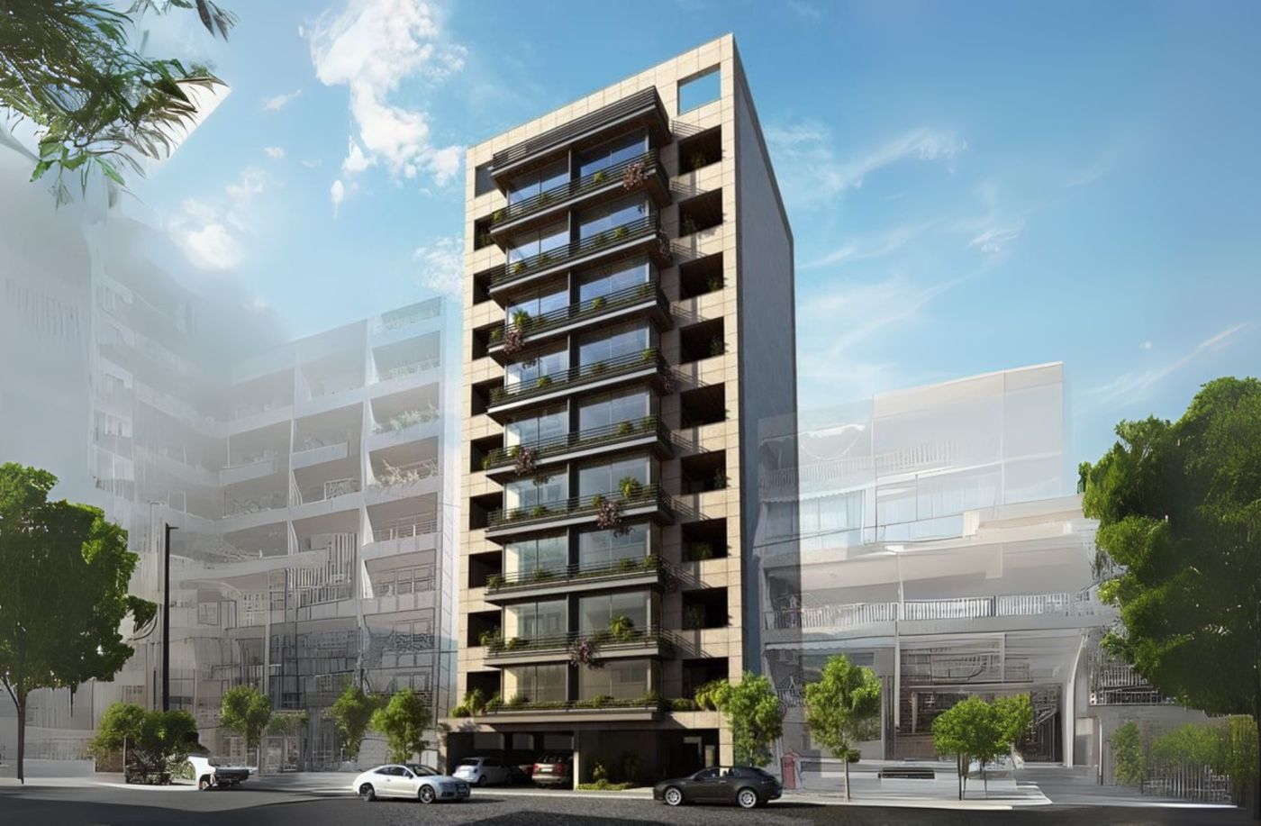 Mid-rise commercial building with modern architectural design