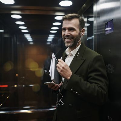 Portrait of smiling businessman listening to music in elevator