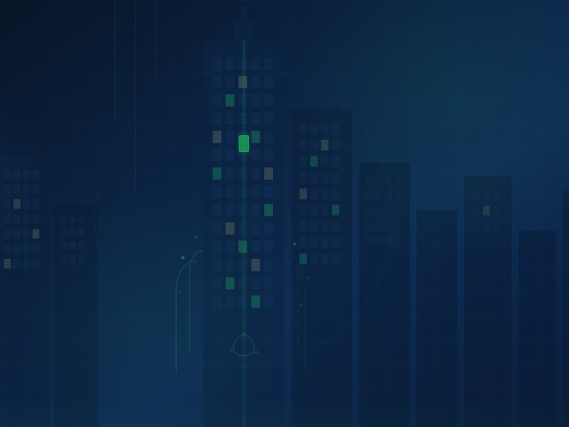 Dark navy cityscape skyline with a central high-rise tower featuring a glowing green elevator shaft and car, green-lit energy-efficient windows, circular energy rings, regenerative flow lines, and a subtle recycling motif.