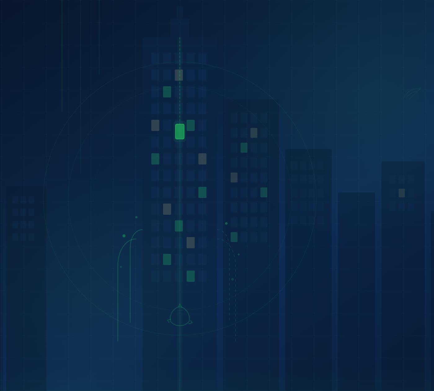 Dark navy cityscape skyline with a central high-rise tower featuring a glowing green elevator shaft and car, green-lit energy-efficient windows, circular energy rings, regenerative flow lines, and a subtle recycling motif.