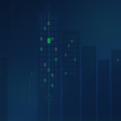 Dark navy cityscape skyline with a central high-rise tower featuring a glowing green elevator shaft and car, green-lit energy-efficient windows, circular energy rings, regenerative flow lines, and a subtle recycling motif.