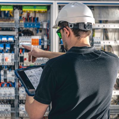 man electrical working switchboard with fuses for elevator
